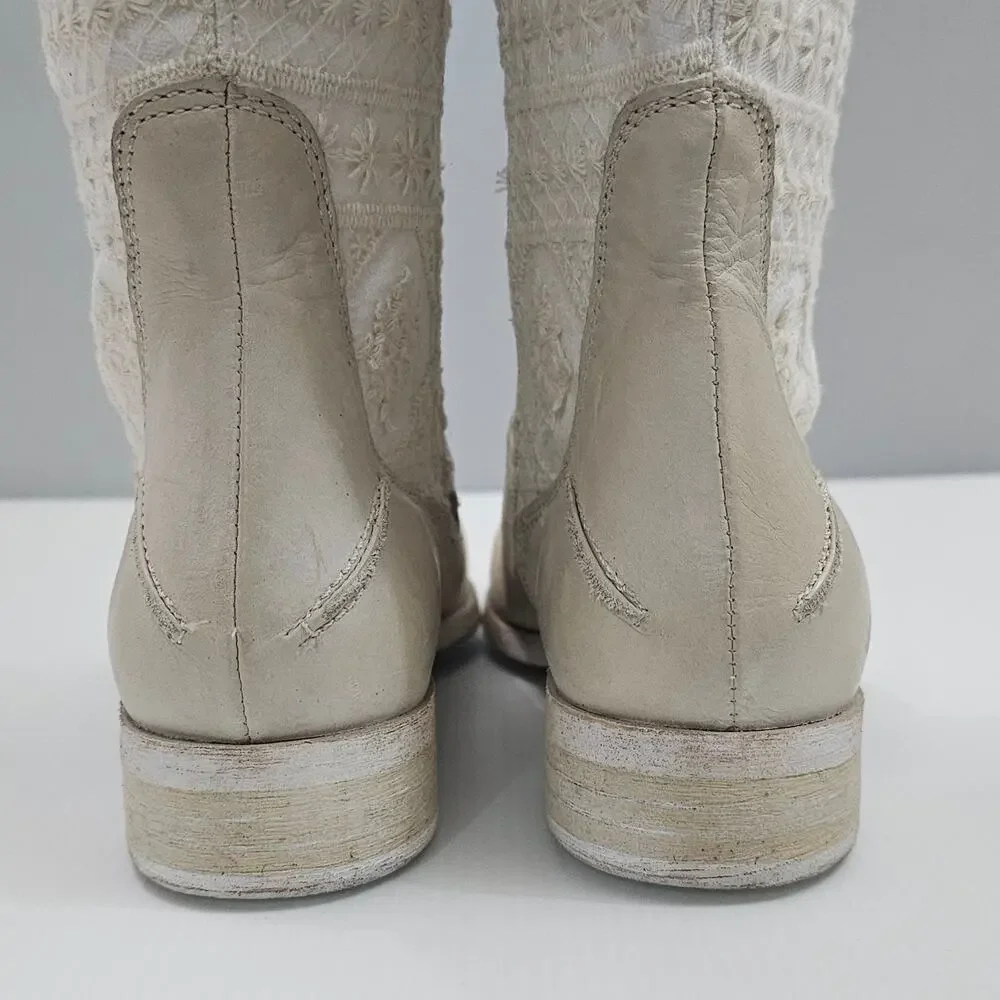 Free People Bren Knee High Boot Womens EU 37 Cream Embroidered Boho Slouchy NEW